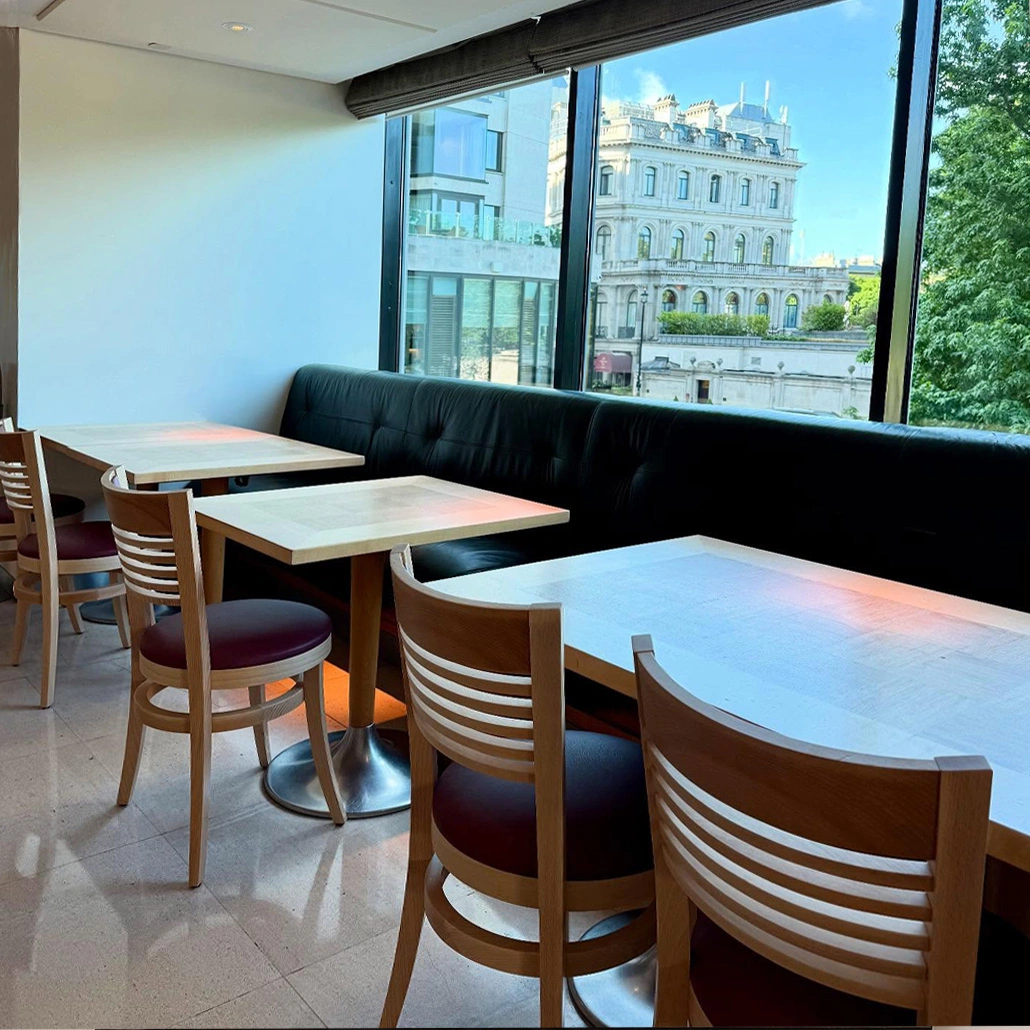 Nobu Restaurant, Bespoke dining chairs, polished in natural satin, upholstered in ‘Madras Red’ @wildmanbugby leather