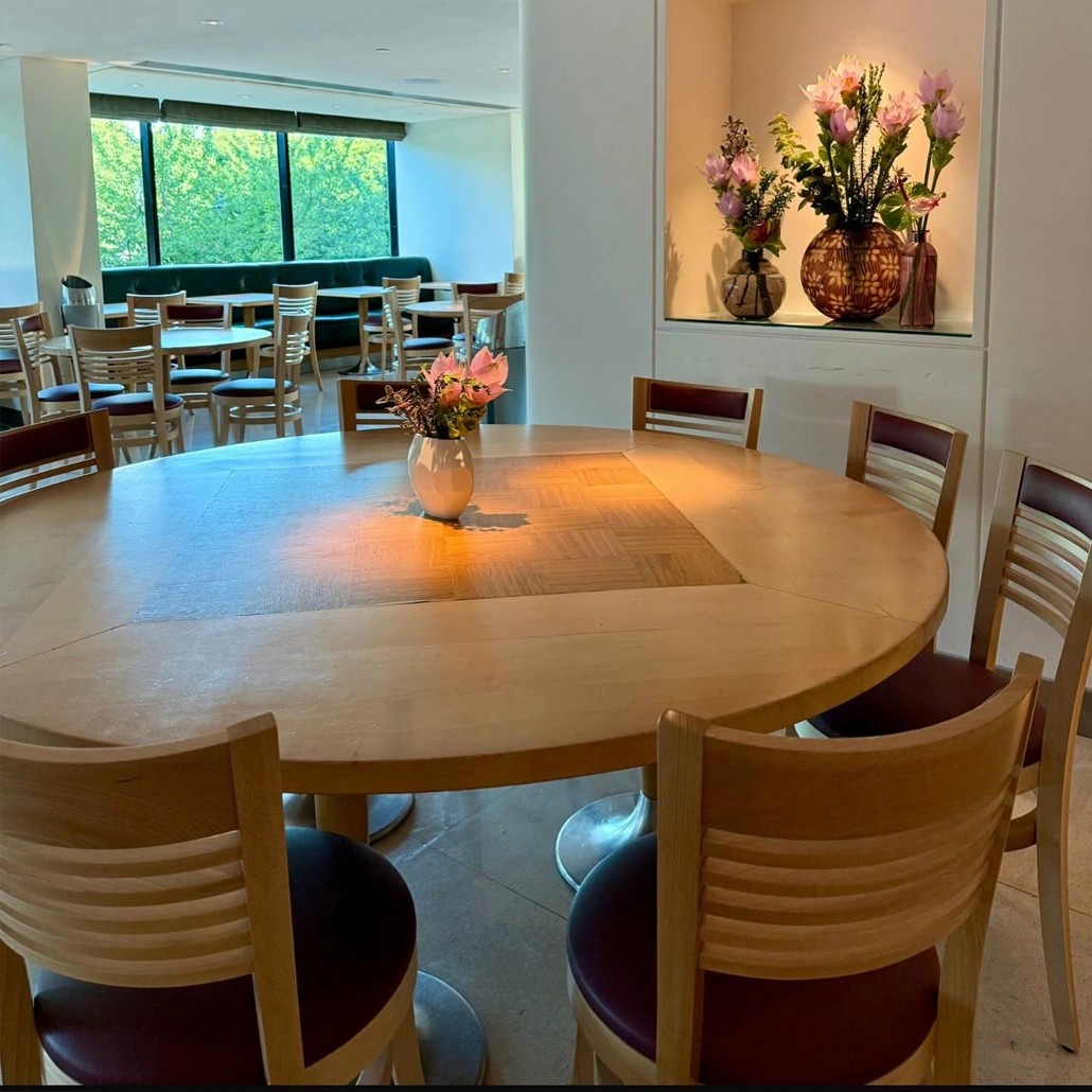 Nobu Restaurant, Bespoke dining chairs, polished in natural satin, upholstered in ‘Madras Red’ @wildmanbugby leather