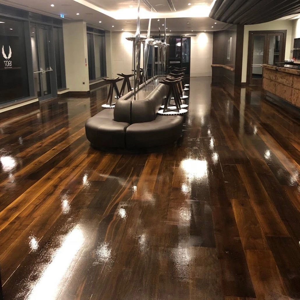 Hotel bar & restaurant walnut floor sanded & clear satin hardwax oiled