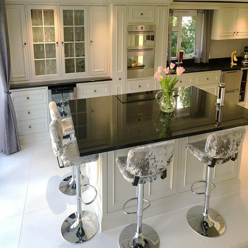 Kitchen fitting & High stolls upholstered in crushed velvet, Pyford, Surrey