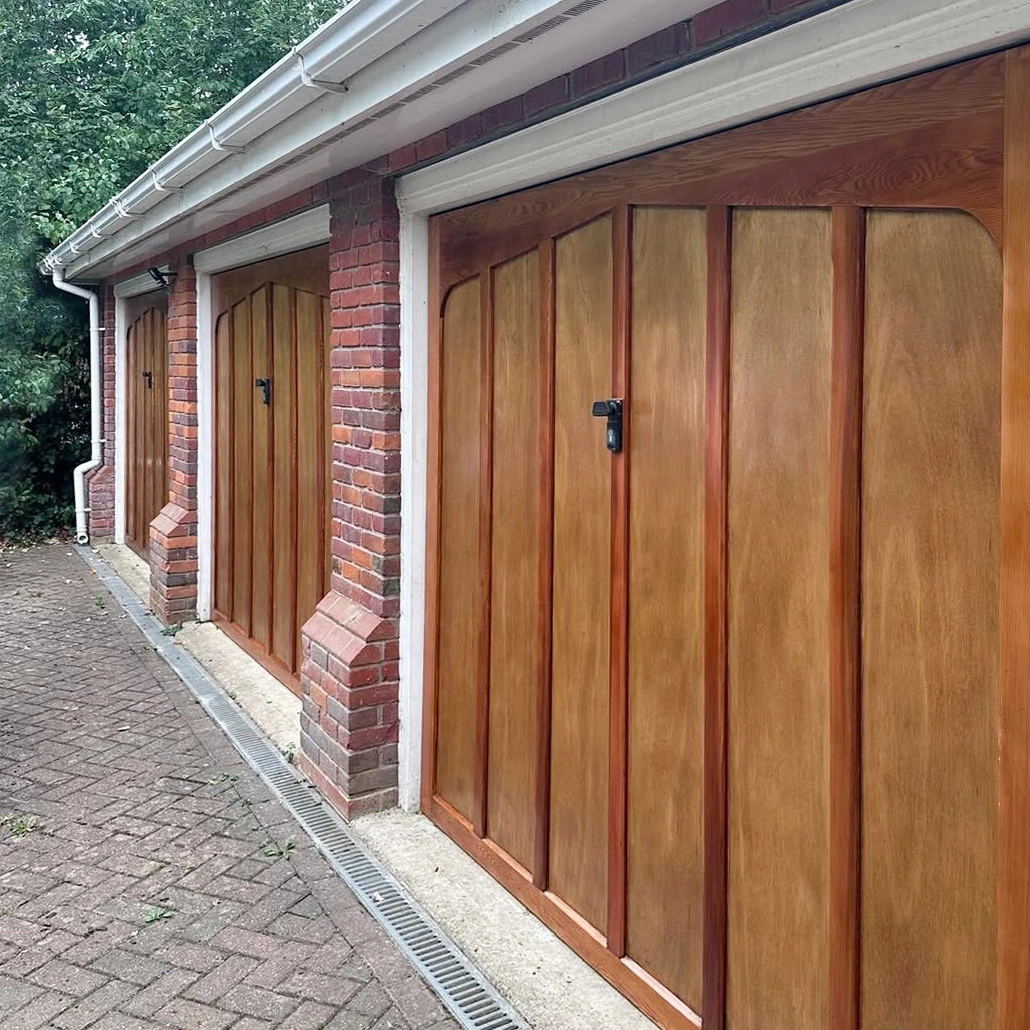 Cedar garage doors sanded, stained, varnished & restored, Surrey