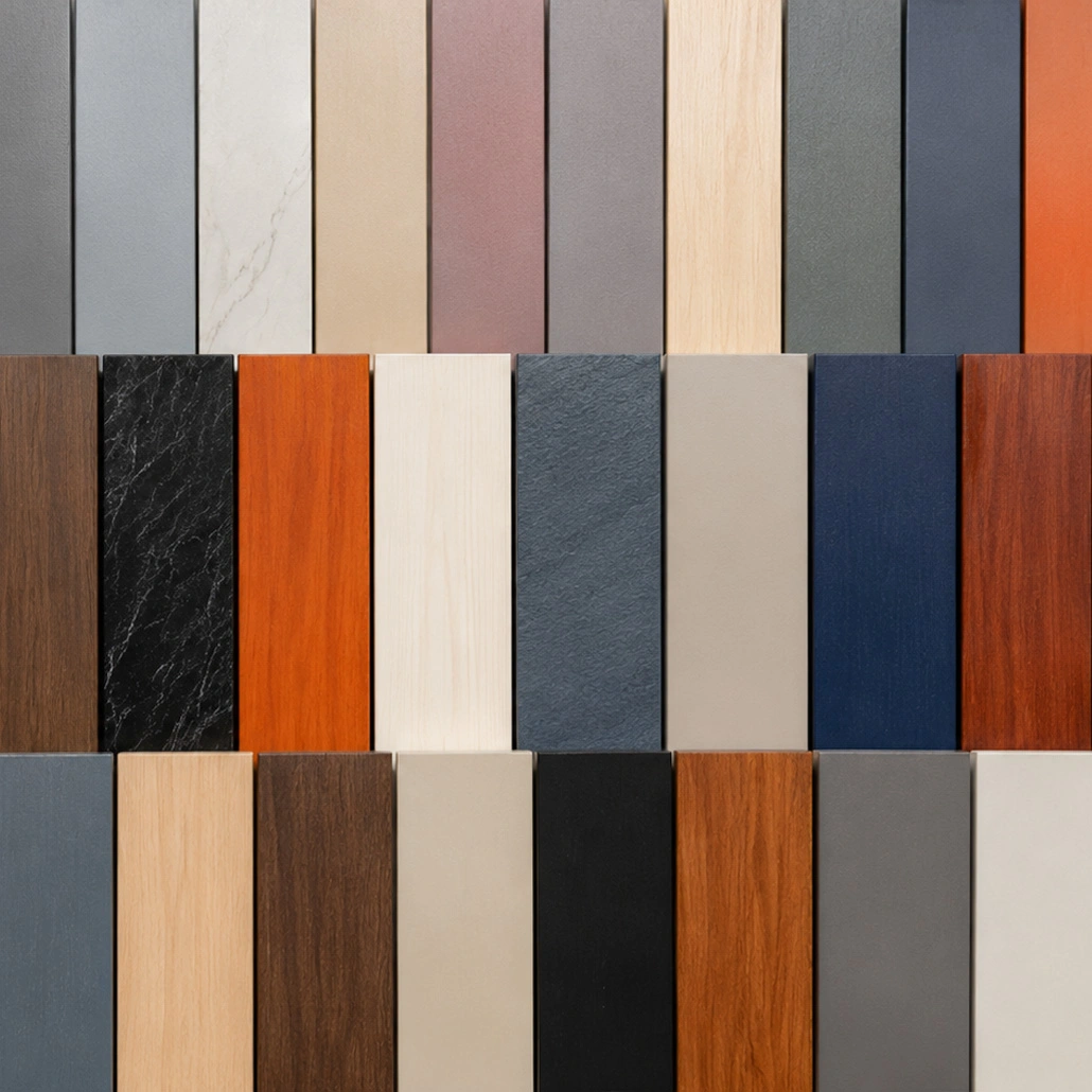 Painted and polished sample blocks in different colours, stains and sheen levels