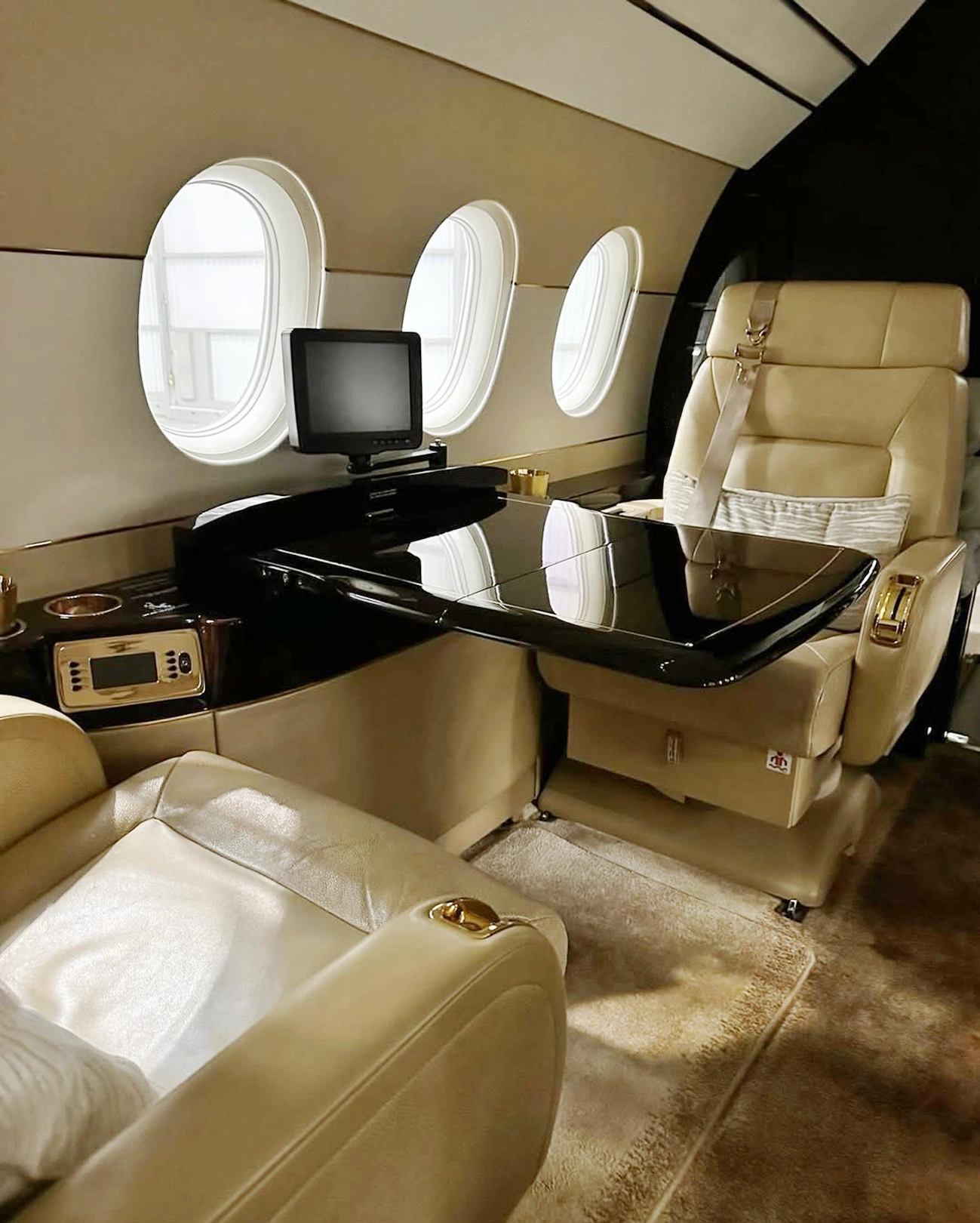 Airport Private jet Interior Burr Walnut joinery repaired & re-polished, Farnborough, Surrey