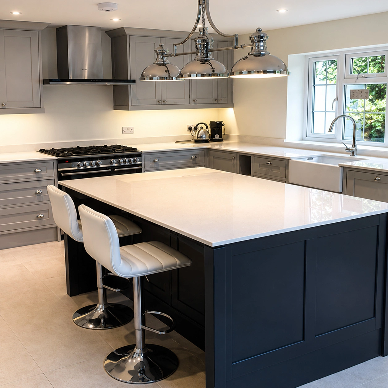 Kitchen and island unit prepared and finished in a durable PU matt paint system