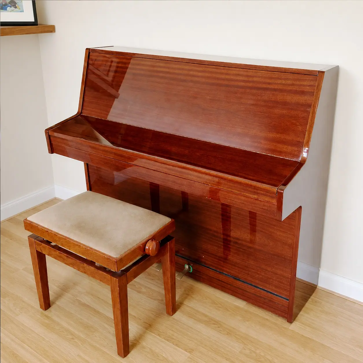 Piano cabinet restoration, hard-wax fill compression damage, colour matched & refinished in polyester gloss lacquer